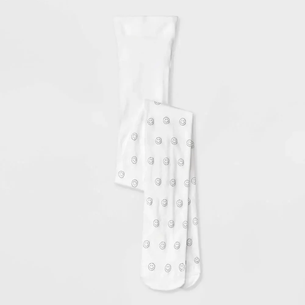 Cat & Jack Girls' Silver Smiley Nylon Fashion Tights White Medium NWT